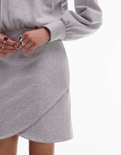 ASOS DESIGN balloon sleeve sweat mini dress with wrap hem in gray heather