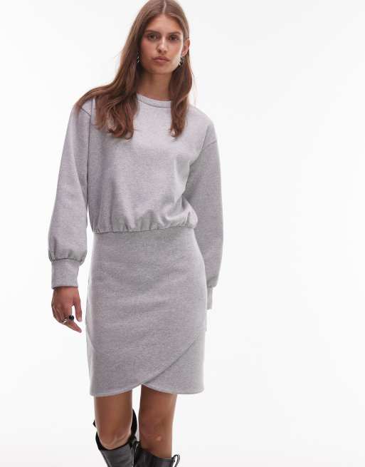 ASOS DESIGN balloon sleeve sweat mini dress with wrap hem in gray heather