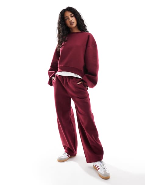 ASOS DESIGN balloon sleeve sweat & trackies in burgundy - view 1