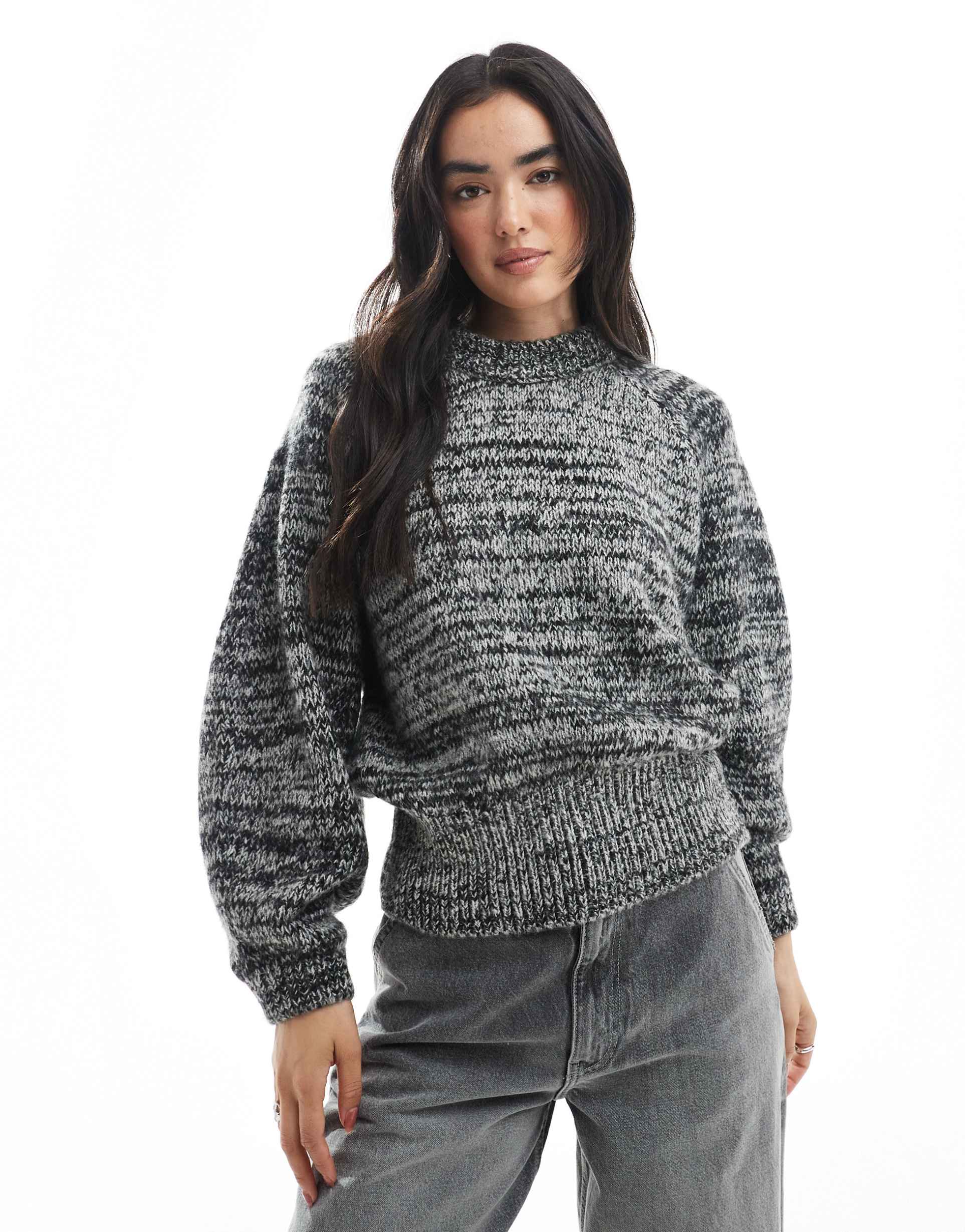 asos design balloon sleeve sweater in black and white multiply