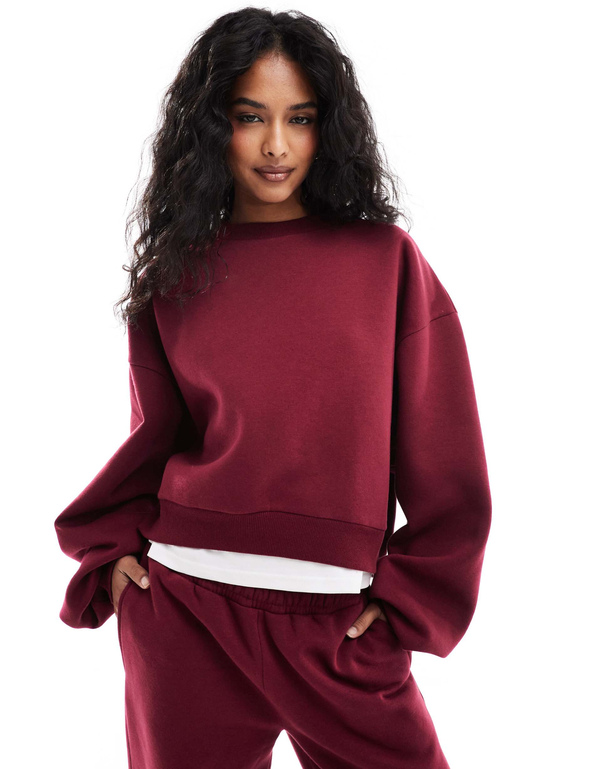 asos design balloon sleeve sweatshirt in burgundy