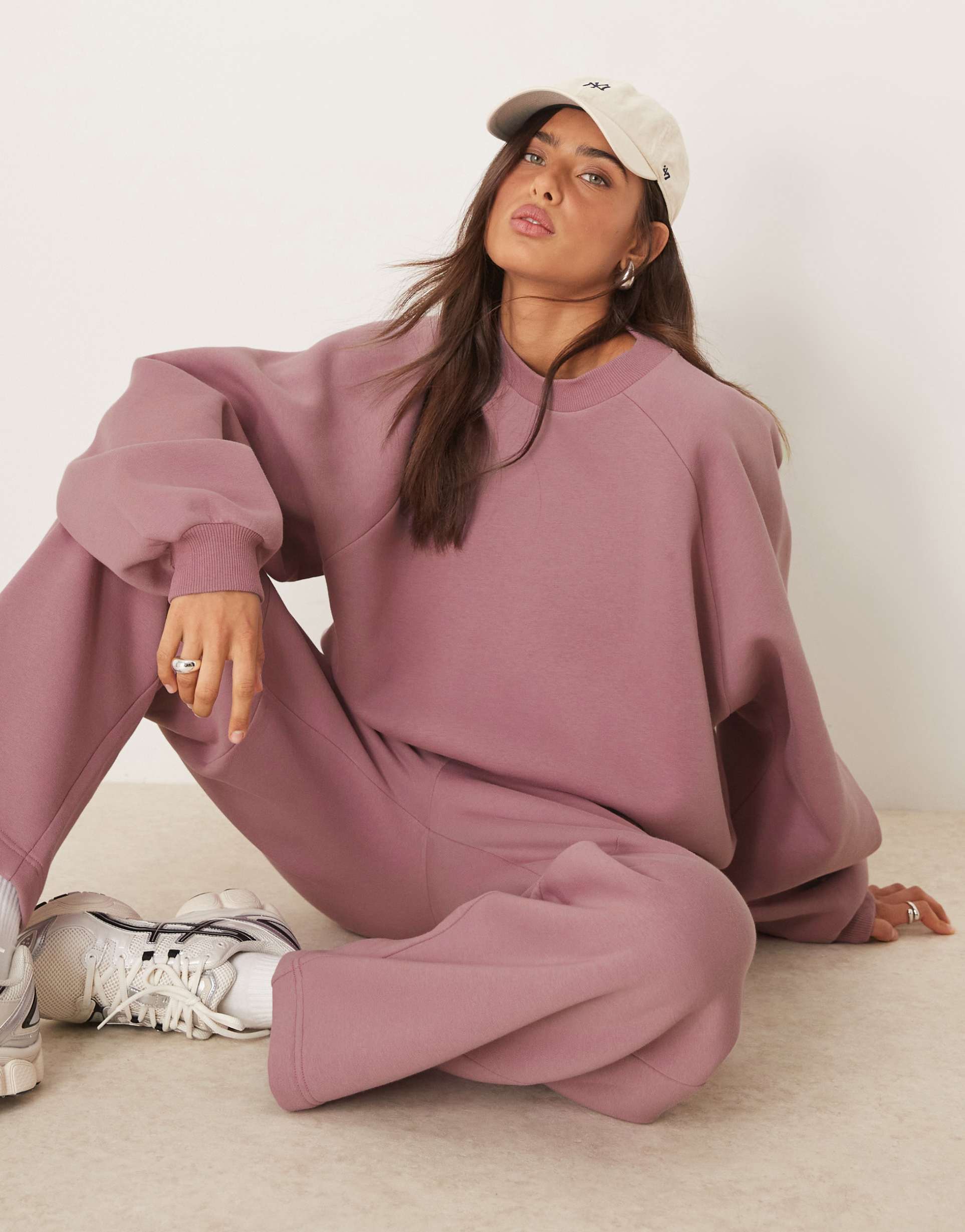 asos design balloon sleeve sweatshirt in dusky pink - part of a set