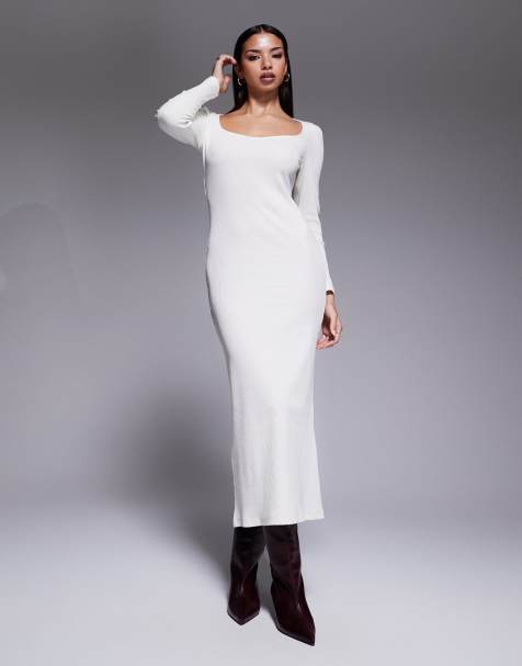 ASOS DESIGN balloon sleeve sweetheart neckline midi dress in winter white - view 1