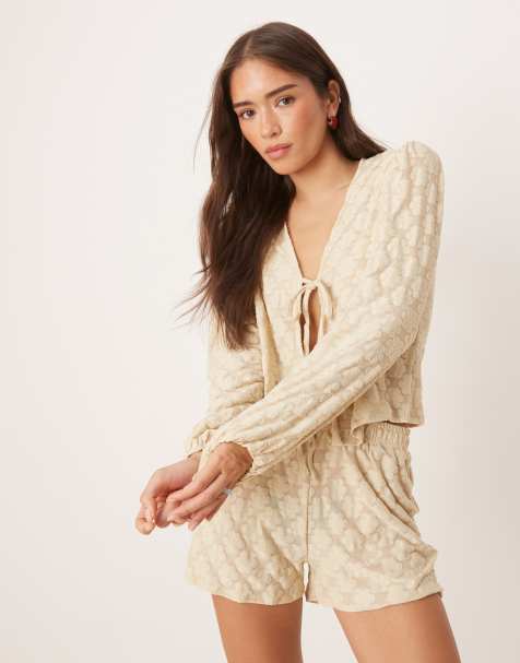 ASOS DESIGN balloon sleeve top with tie detail co-ord in cream floral lace - view 1