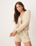 [ASOS DESIGN] ASOS DESIGN balloon sleeve top with tie detail in cream floral lace (part of a set)-White S CREAM