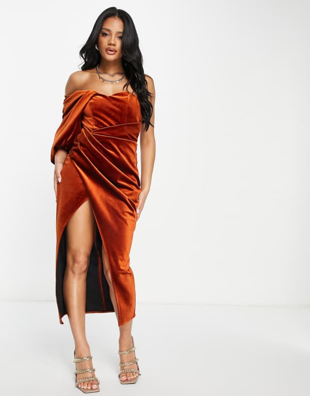 ASOS DESIGN balloon sleeve velvet midi dress with tie waist in rust