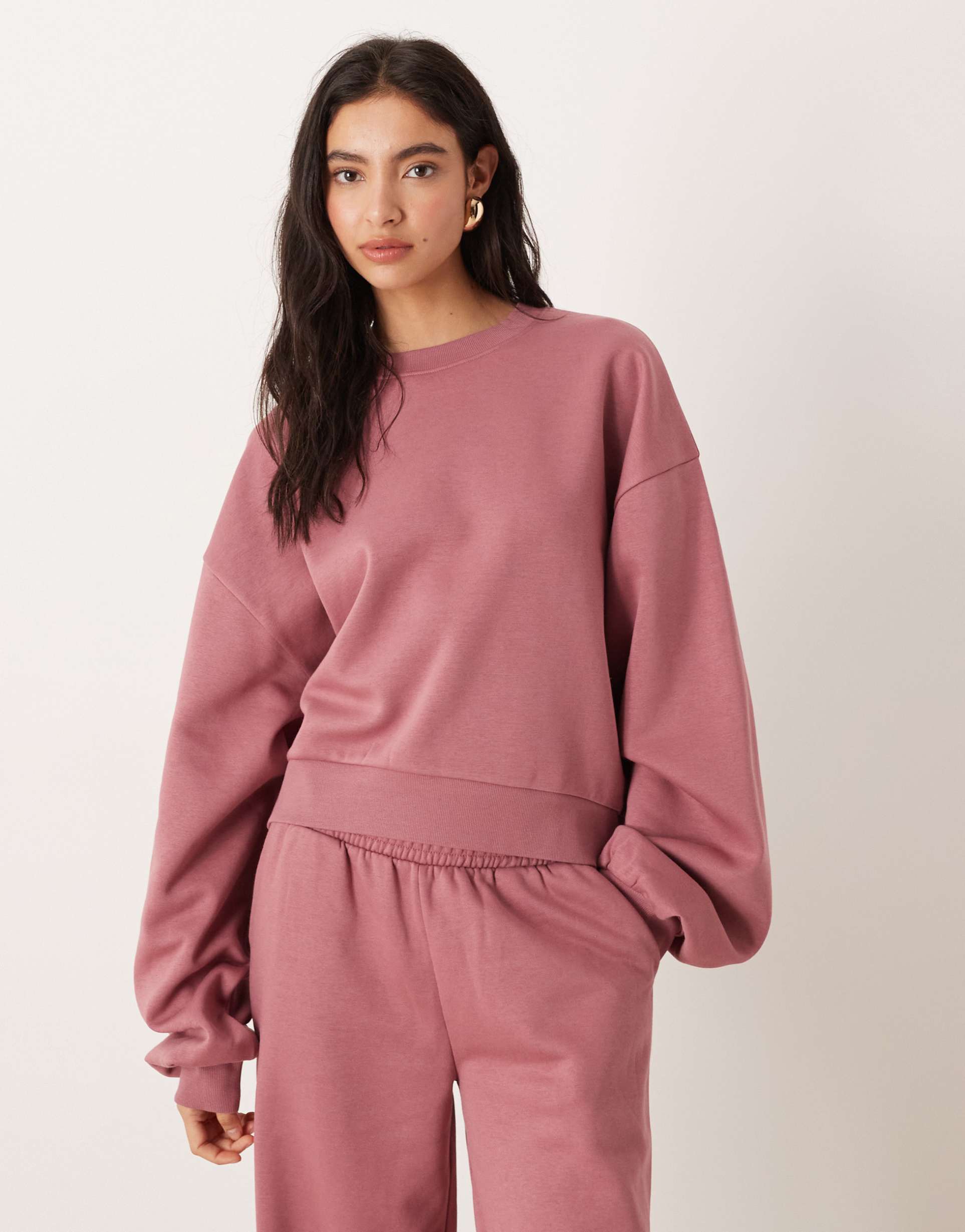 asos design balloon sleeves brushback sweatshirt in rose pink