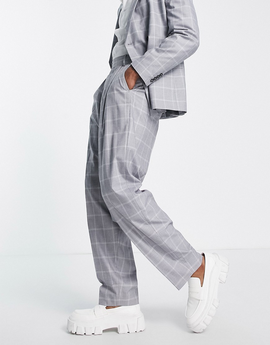 ASOS DESIGN balloon suit trousers with prince of wales check in grey