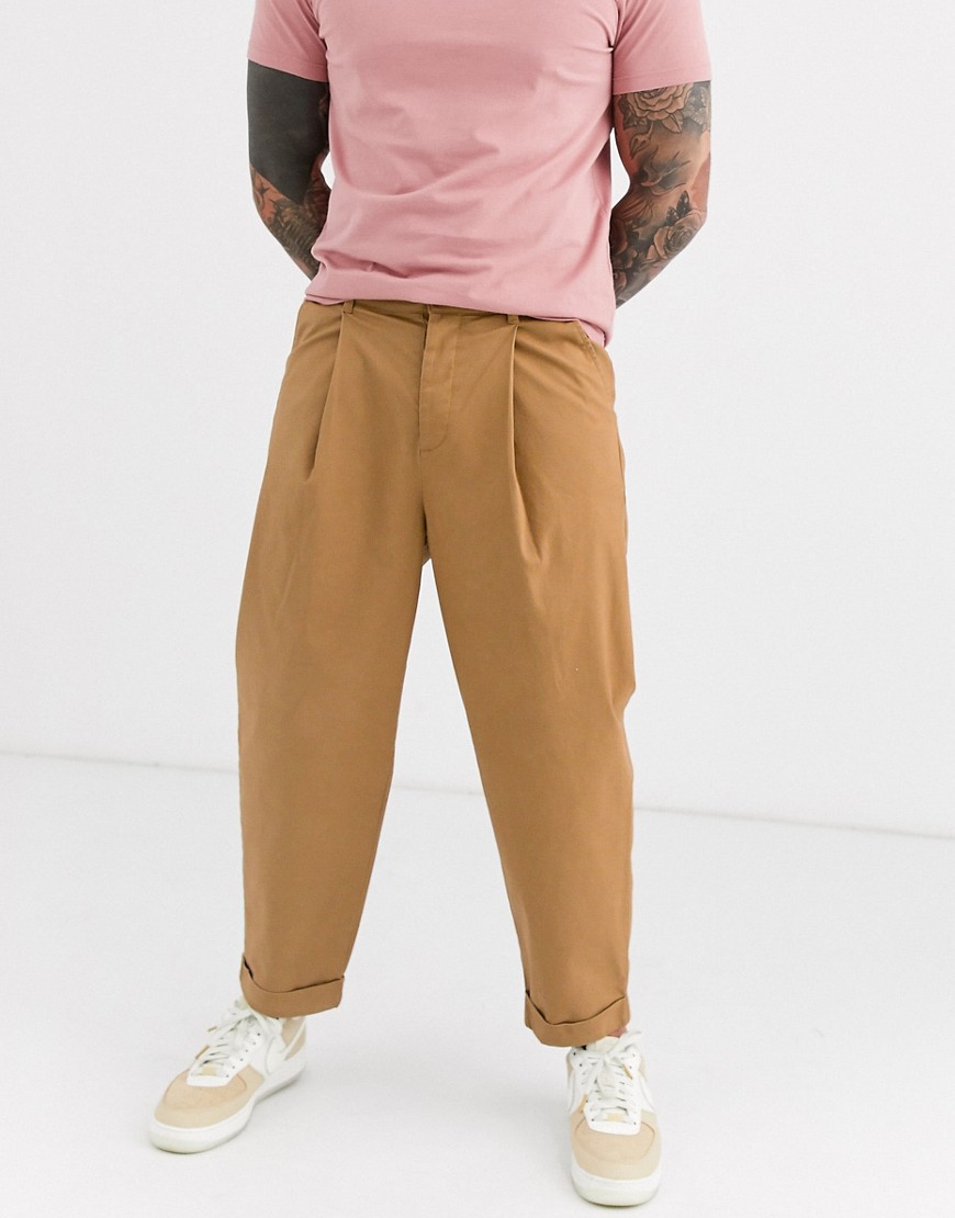 ASOS DESIGN balloon trousers with rolled hem in tan-Beige