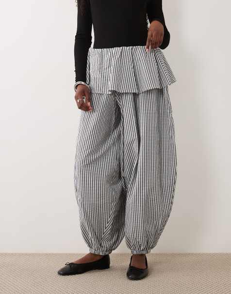 ASOS DESIGN balloon trousers with skirt overlay detail in black & white check - view 1