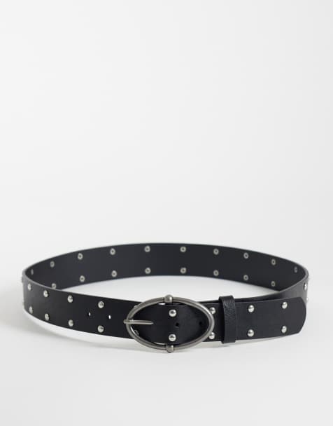 ASOS DESIGN bälte i svart fuskläder med oval spänne och nitar - view 1