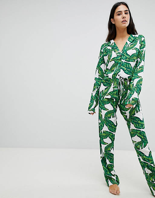 ASOS DESIGN banana leaf 100% modal traditional shirt & trouser pyjama set