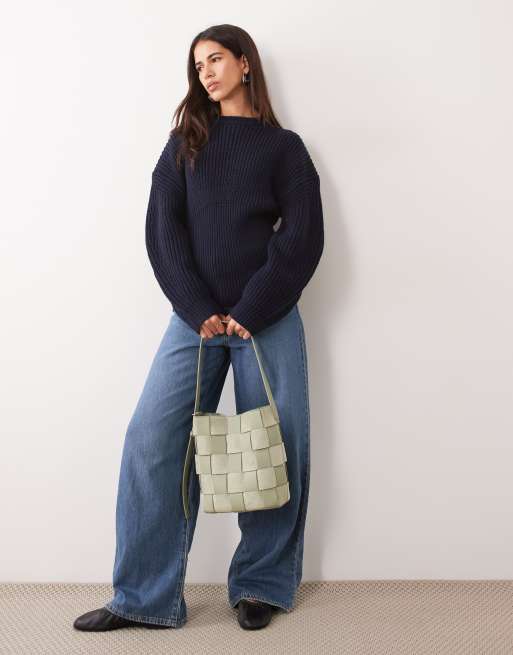 ASOS DESIGN banana sleeve waisted sweater in navy, 3 of 4