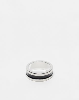 band ring with black enamel in silver tone