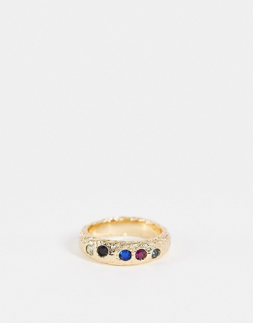 ASOS DESIGN band ring with colored crystal stones in gold tone