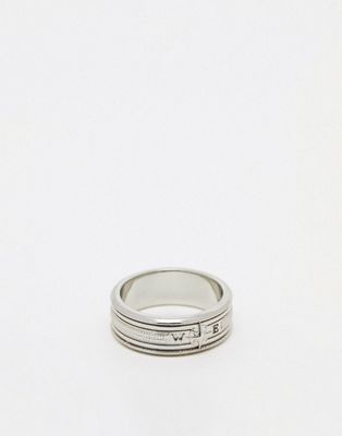 ASOS DESIGN band ring with embossed compass design in silver tone