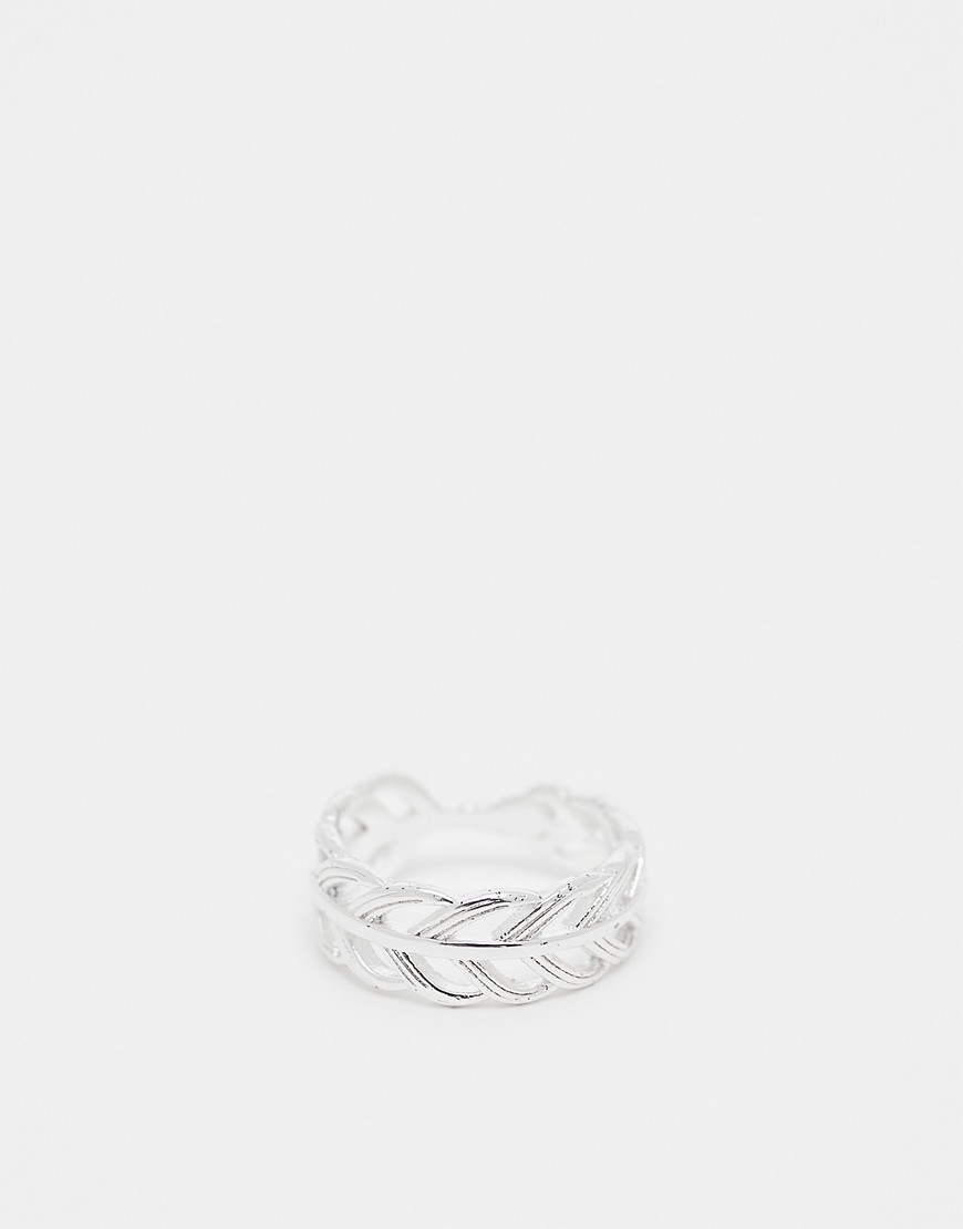 ASOS DESIGN band ring with feather cut out in real silver plate