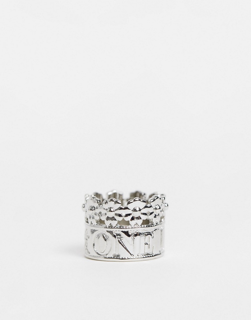 ASOS DESIGN band ring with flower and one love design in silver tone