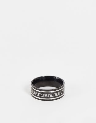 Asos Design Band Ring With Greek Wave In Black And Silver In Black