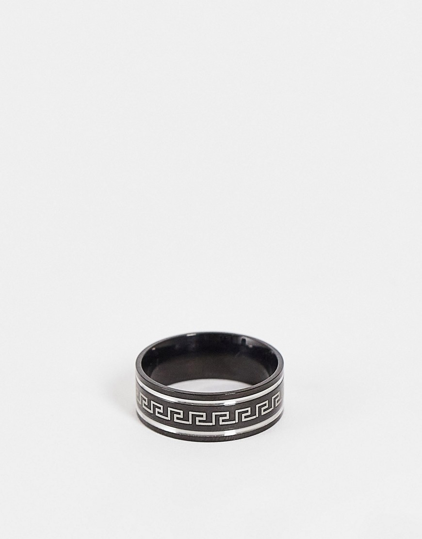ASOS DESIGN band ring with greek wave in black and silver