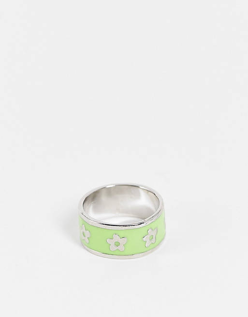 ASOS DESIGN band ring with green enamel flower design in silver tone