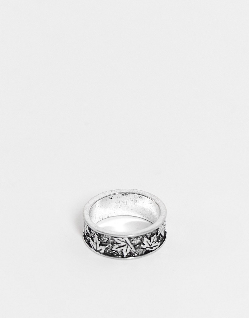 ASOS DESIGN band ring with leaf design in burnished silver tone