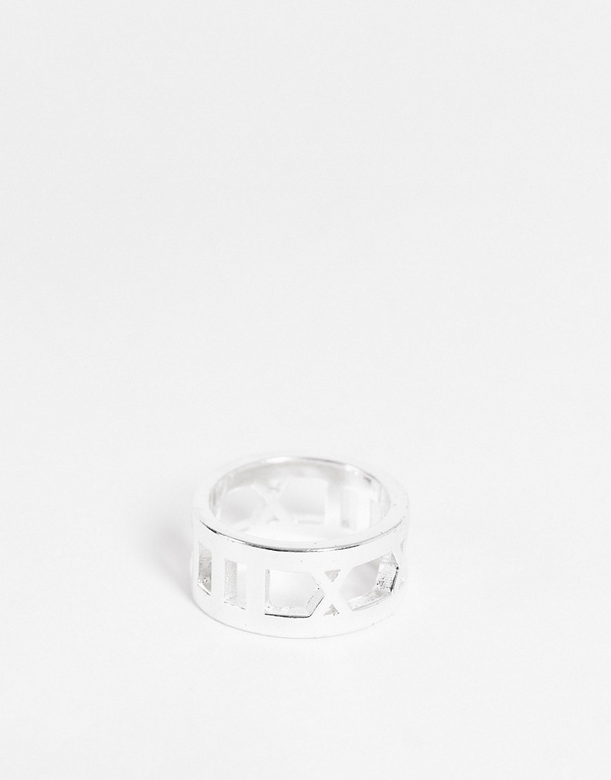 ASOS DESIGN band ring with Roman numeral cut-outs in silver tone
