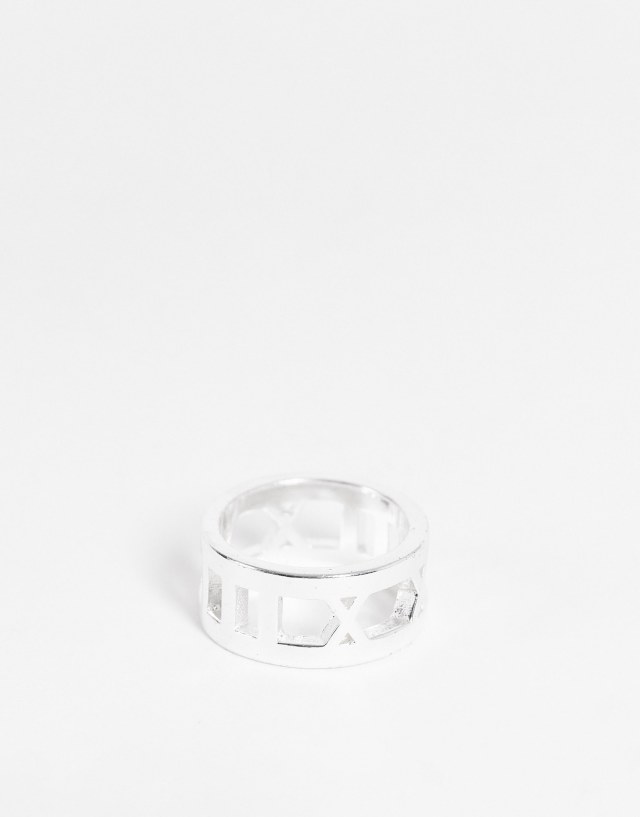 ASOS DESIGN band ring with Roman numeral cut-outs in silver tone