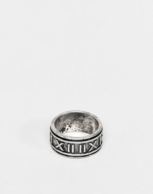 ASOS DESIGN band ring with roman numerals in burnished silver tone