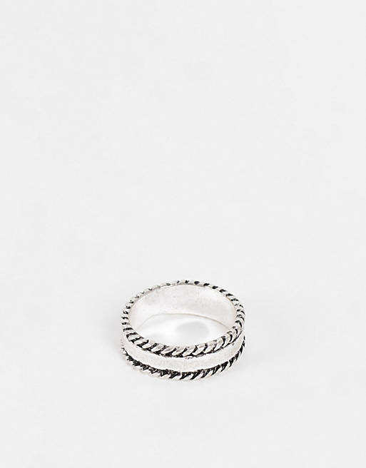ASOS DESIGN band ring with rope edges in burnished silver tone