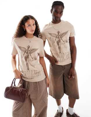 ASOS DESIGN - Band-T-Shirt in Beige mit „Nirvana"-Print und normalem Schnitt-Neutral