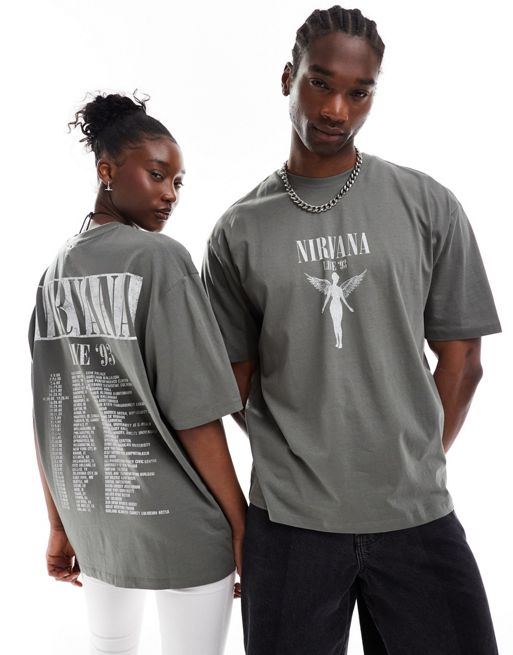 FhyzicsShops DESIGN – Band-T-Shirt in Grau mit Oversize- und Unisex-Schnitt sowie lizenziertem „Nirvana“-Tour-Print