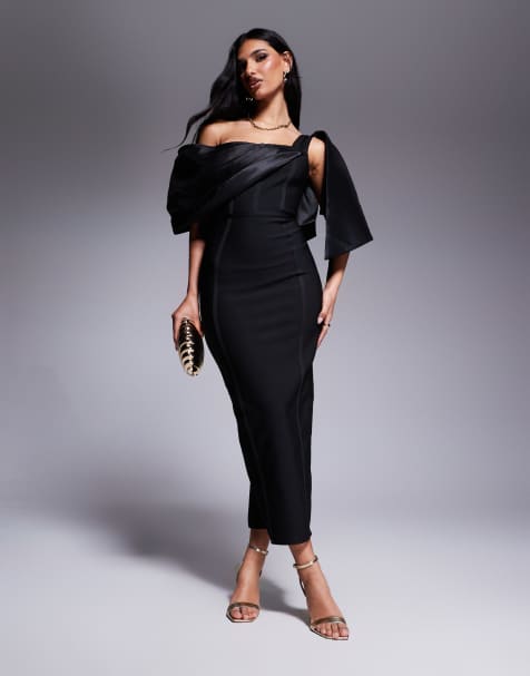 ASOS DESIGN bandage and structured satin mix midi dress in black - view 1