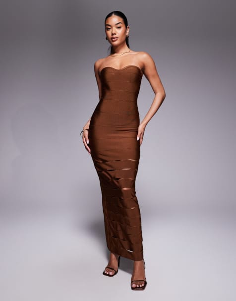 ASOS DESIGN bandage bandeau midi dress with cut outs in chocolate - view 1