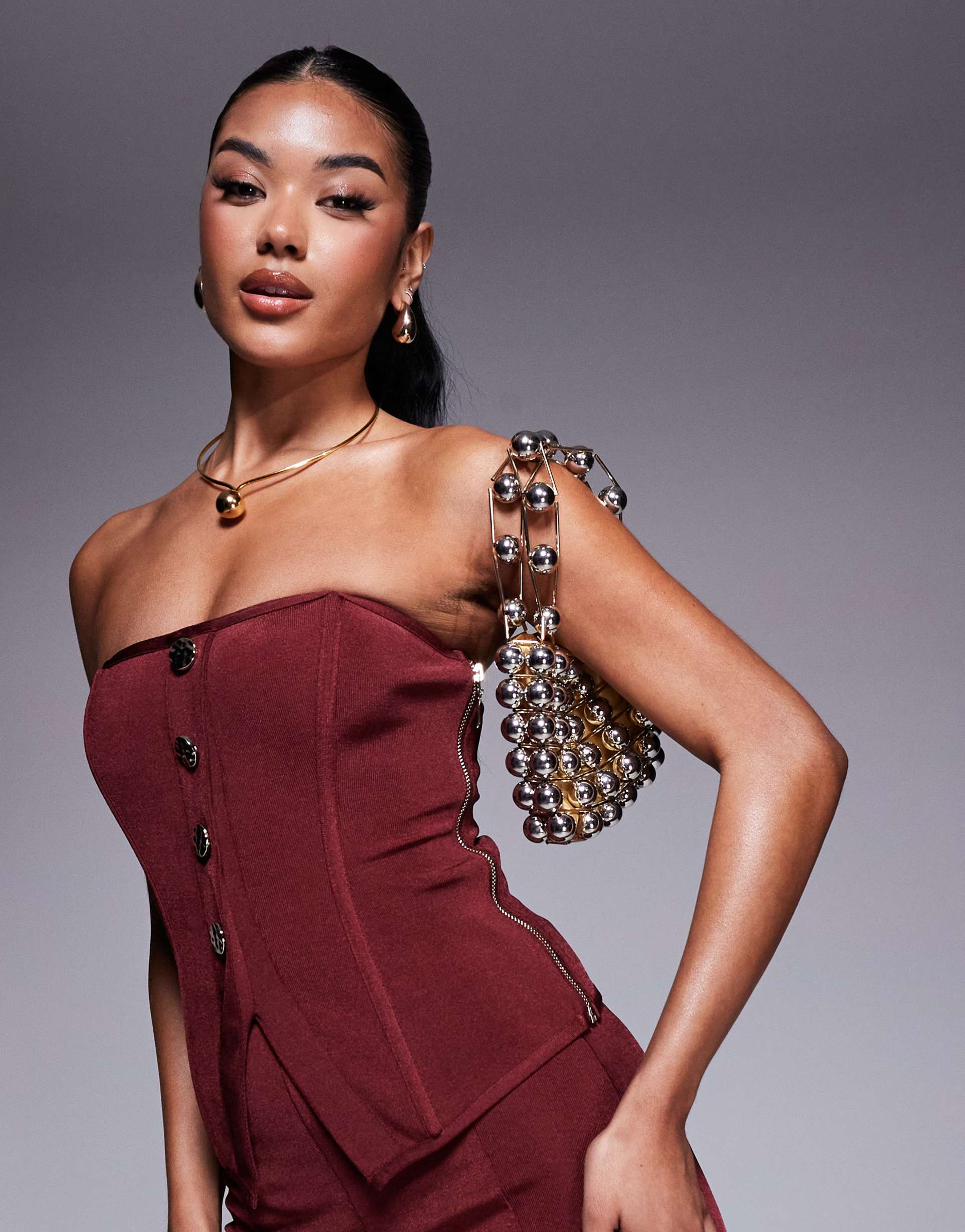 asos design bandage bandeau top with gold button detail in burgundy - part of a set