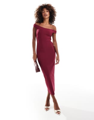 Asos Design Bandage Bardot Midi Dress In Berry-red In Red