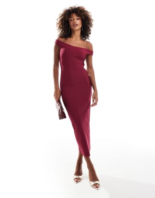 ASOS DESIGN bandage bardot midi dress in berry-Red