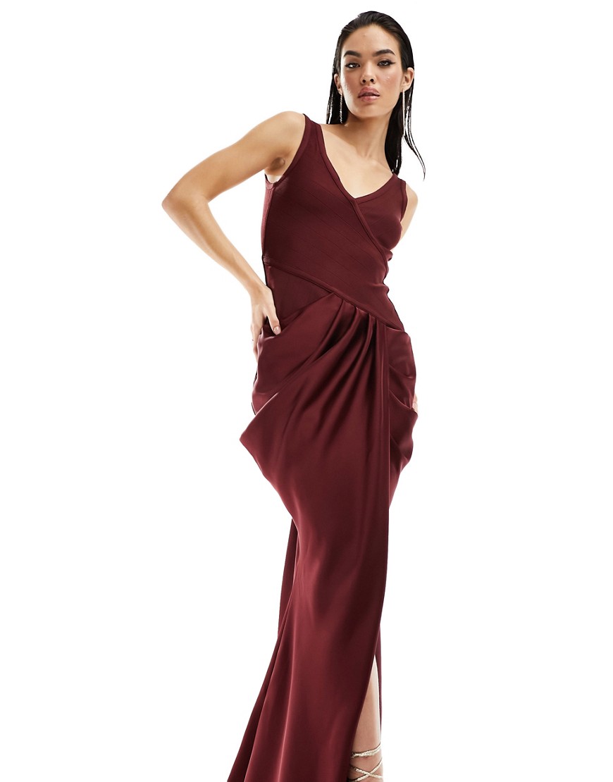 ASOS DESIGN bandage bodice draped midi dress in burgundy-Red