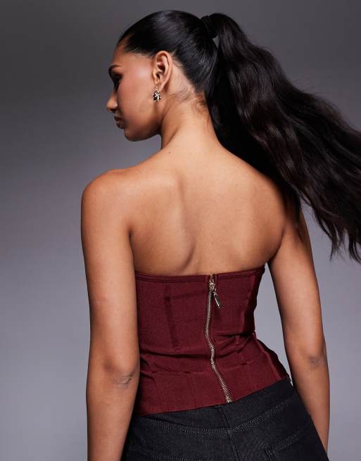 ASOS DESIGN bandage bust cup strapless corset top in burgundy, 2 of 4