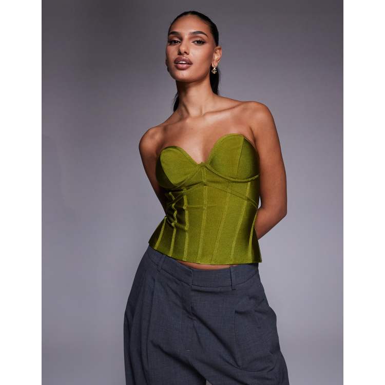 ASOS DESIGN bandage bust cup strapless corset top in green  display picture 3