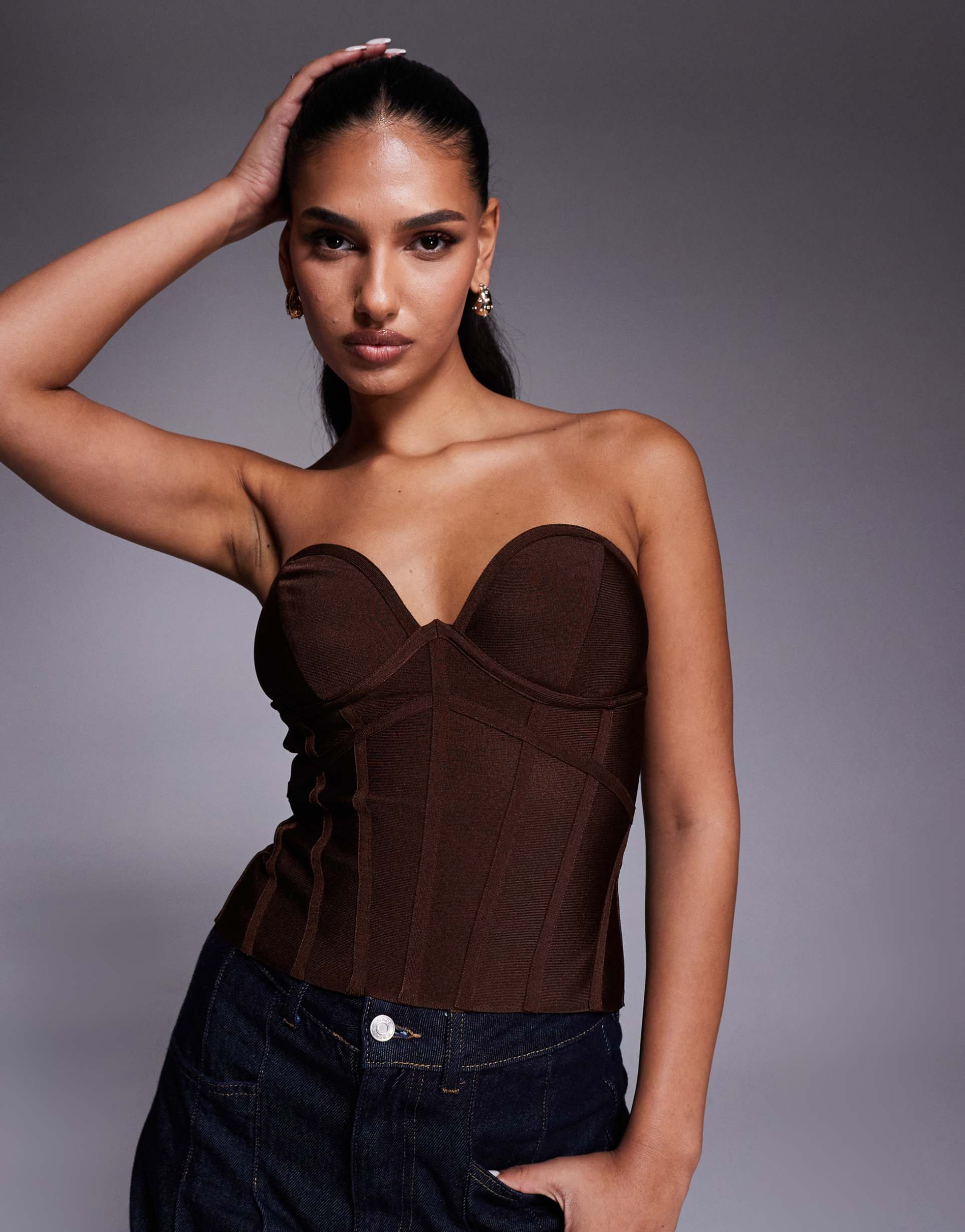 asos design bandage bust cups strapless corset top in chocolate