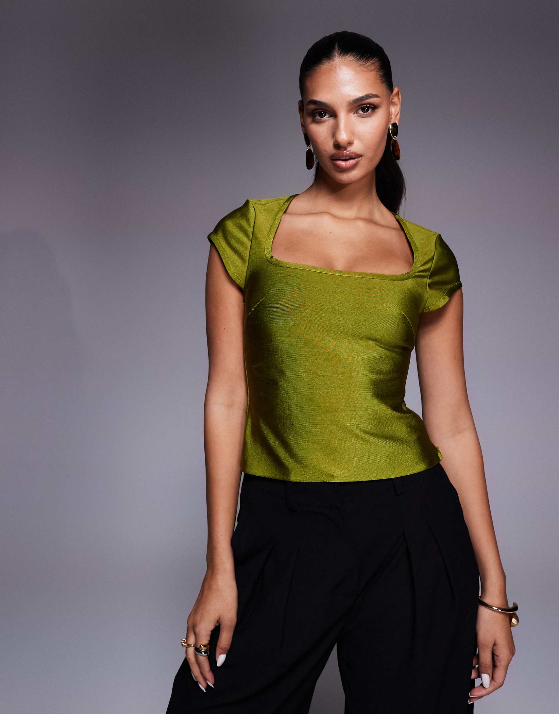 asos design bandage cap sleeve square neck top in green