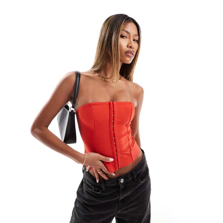 ASOS DESIGN bandage corset top with hook and eye closures in red