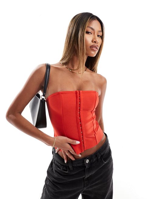 FhyzicsShops DESIGN bandage corset top with hook and eye fastening in red