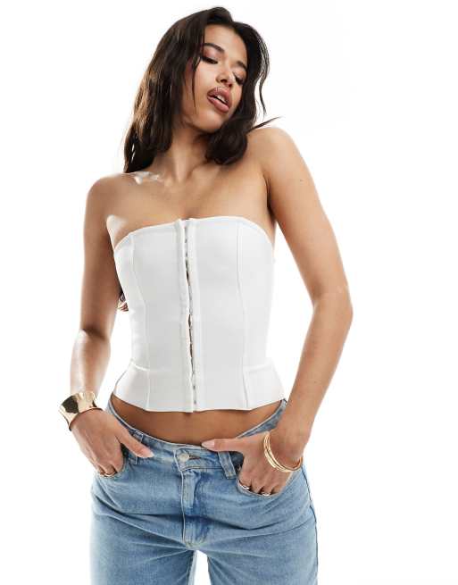 ASOS DESIGN bandage corset top with hook and eye fastening in white