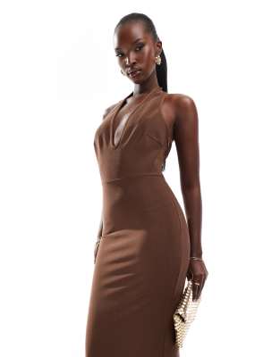 bandage deep scoop halter neck midi dress in chocolate-Brown