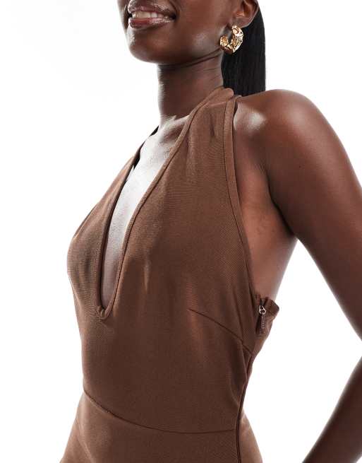 ASOS DESIGN bandage deep scoop halter neck midi dress in chocolate