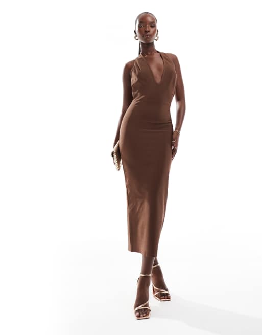 ASOS DESIGN bandage deep scoop halter neck midi dress in chocolate