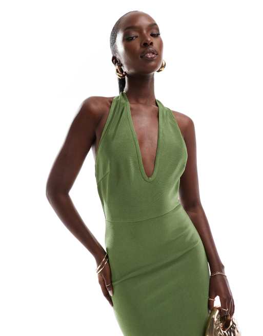 ASOS DESIGN bandage deep scoop halter neck midi dress in green ASOS