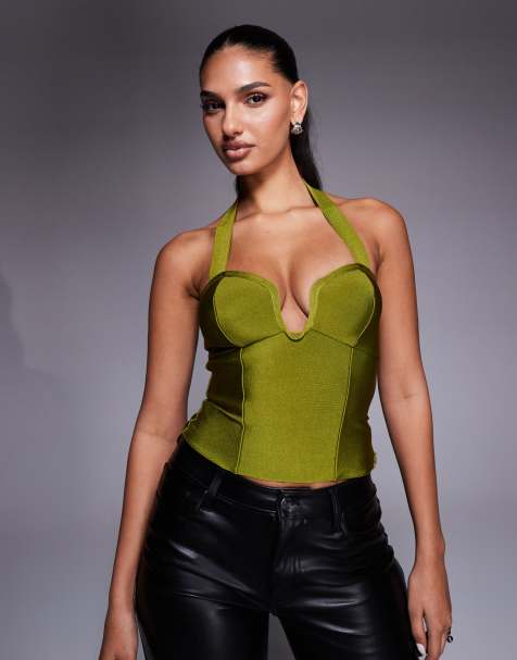 ASOS DESIGN bandage halter neck top with scoop detail in green - view 1